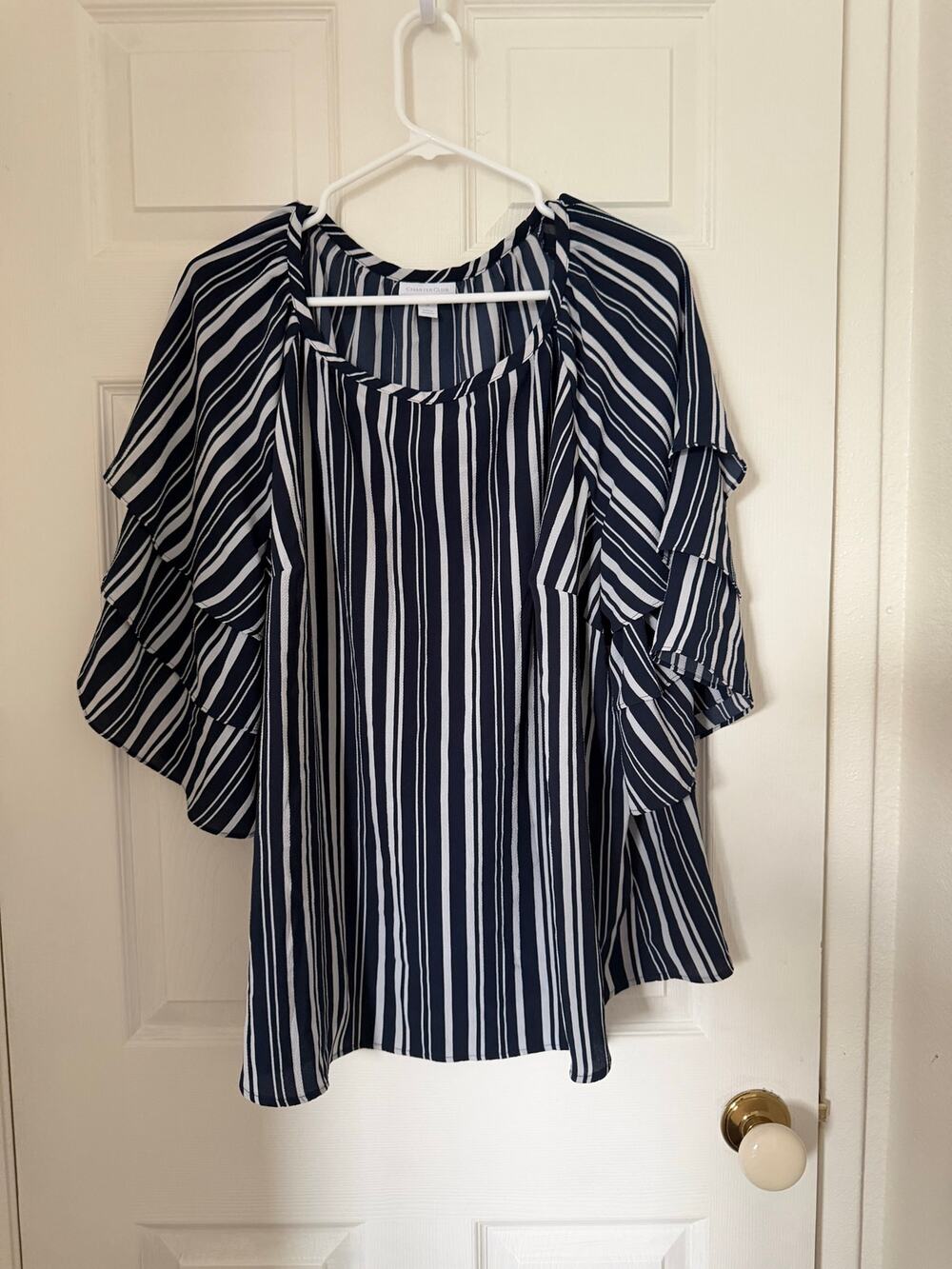 Charter Club Navy White Striped Tiered Ruffle Sleeve Blouse 3X